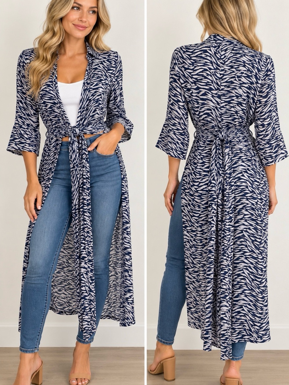 BEACHGOLD Navy & White Printed Maxi Duster zebra print style. Made in Indonesia.